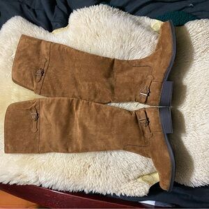 Brown Suede Knee-High Boots with Buckles